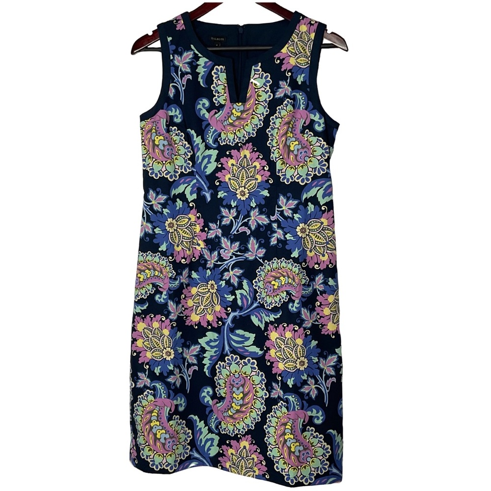 Talbots Multi-Color Blue Floral Paisley Shift Sleeveless Back Zip Dress Size 4.